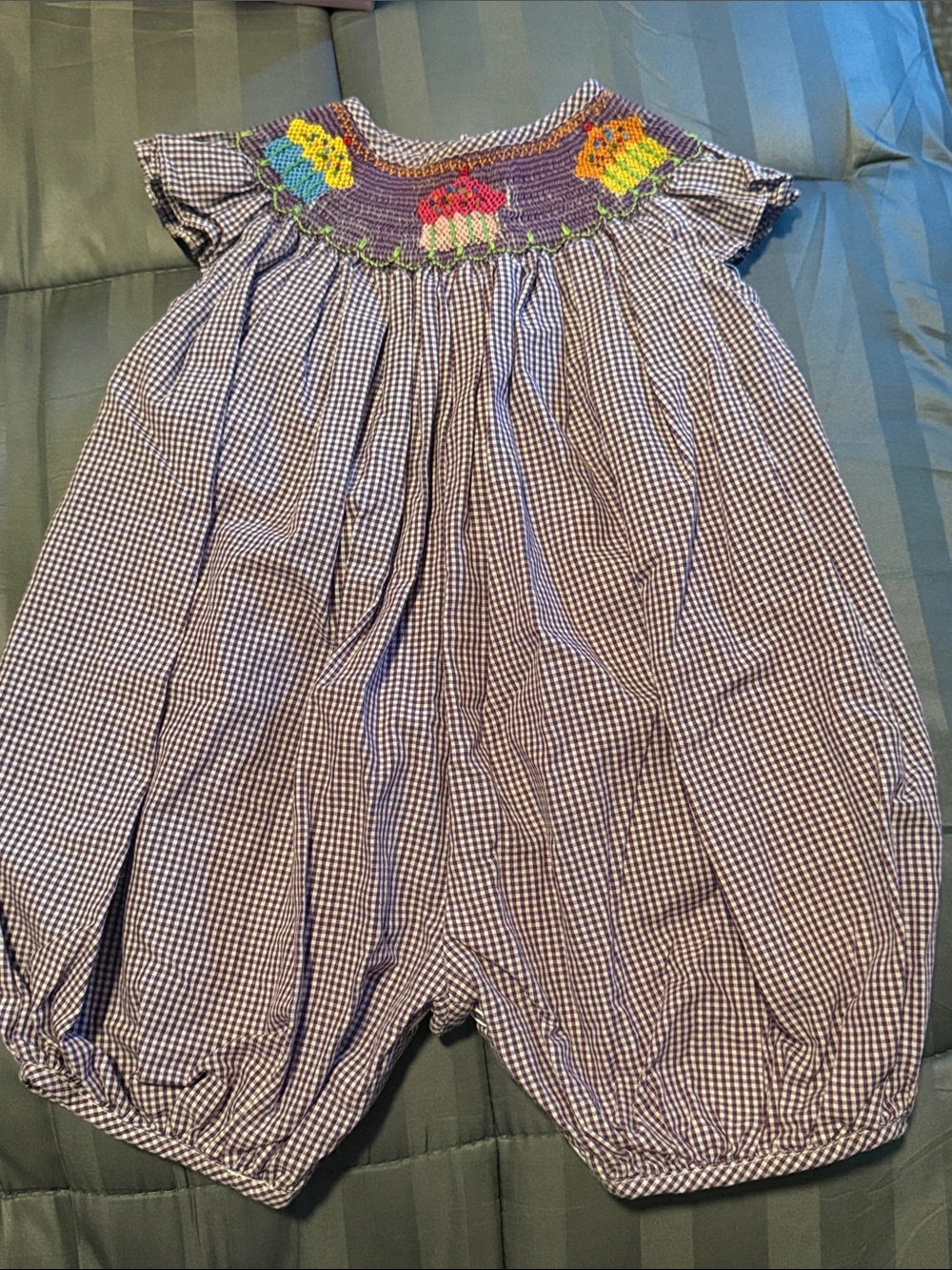 Hand-Smocked Purple Gingham Baby Romper with cupcakes Motif